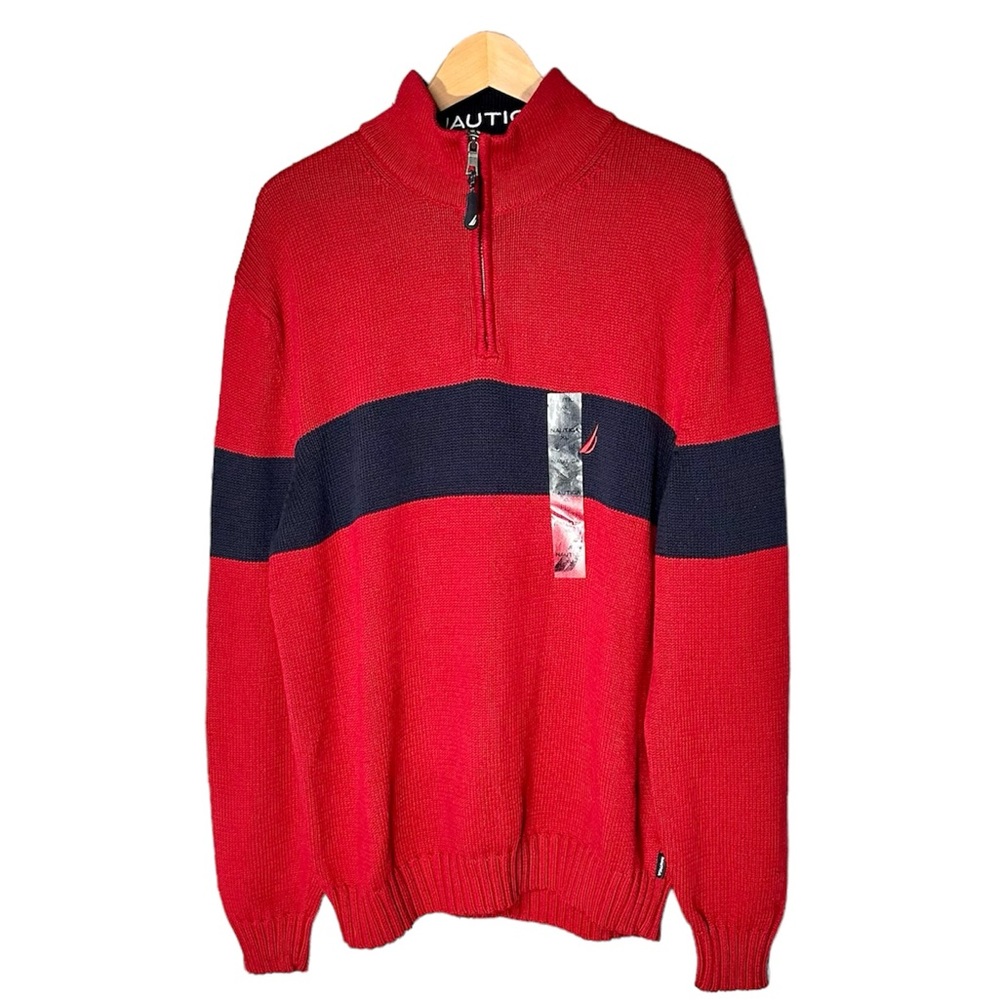 Nautica Mens 1/2 Zip Sweater Knit Pullover Sweater Red & Navy cotton Sz XL
